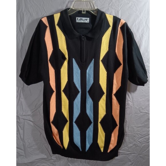 Lavane New York Mens Medium Knit Polo Shirt Multicolor Geometric 1/4 Zip - Picture 1 of 9